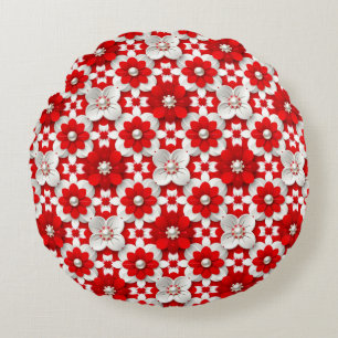 Lebendiges Rot-Weiß-Blumenmuster mit Perle Rundes Kissen