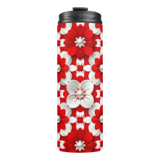 Lebendiges Rot-Weiß-Blumenmuster mit Perle Thermosbecher (Vorderseite)