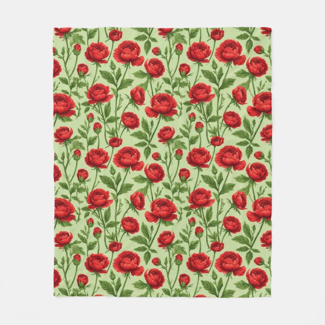 Lebendiges rotes Ranunculus-Blumenmuster Fleecedecke (Vorderseite)