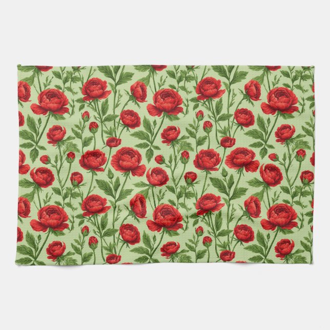 Lebendiges rotes Ranunculus-Blumenmuster Geschirrtuch (Horizontal)
