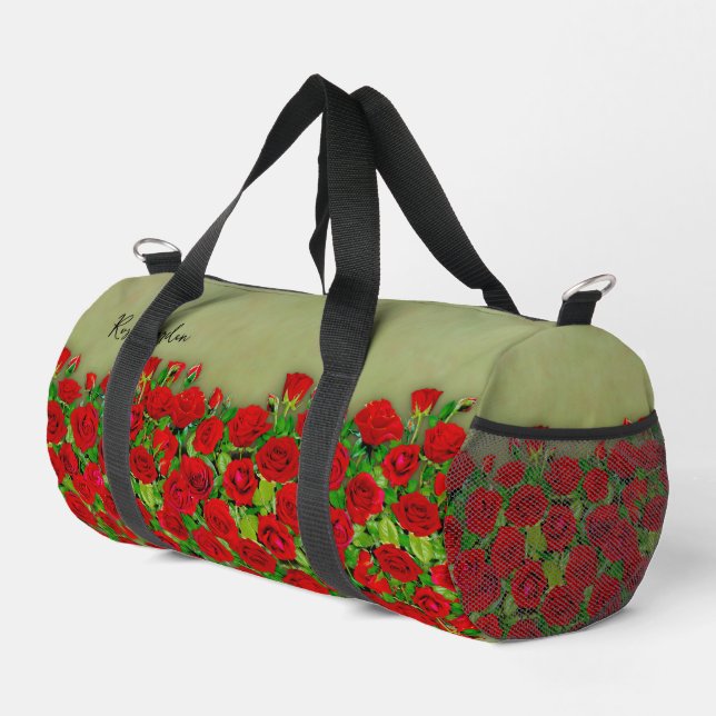 Lebendiges rotes Rosengarten-Blumenmuster Duffle Bag (Rechte Ecke)