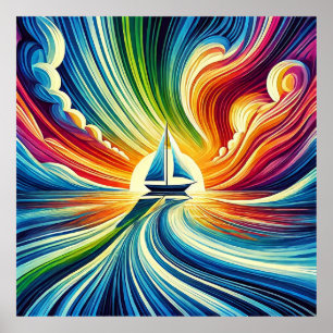 Lebendiges Segelboot bei Sonnenuntergang Poster
