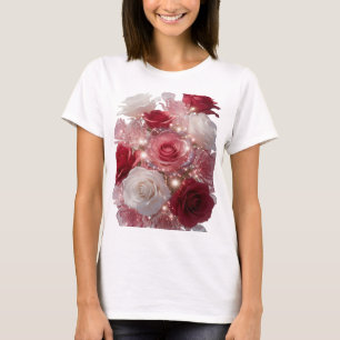 Lebendiges Silber ROTE UND WEISSE ROSEN MIT GLITZE T-Shirt