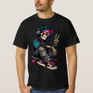 Lebendiges Skateboard-Skelett mit Friedenszeichen T-Shirt
