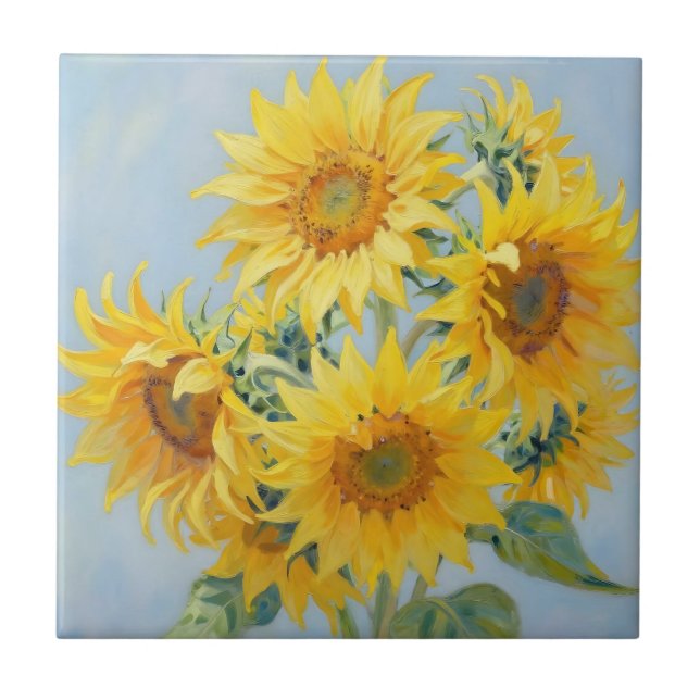 Lebendiges Sonnenblumenstrauß-Ölgemälde Fliese (Vorderseite)