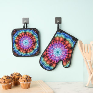 Lebendiges Tie-Dye-Kaleidoskop-Regenbogen-Mandala Ofenhandschuh & Topflappen-Set
