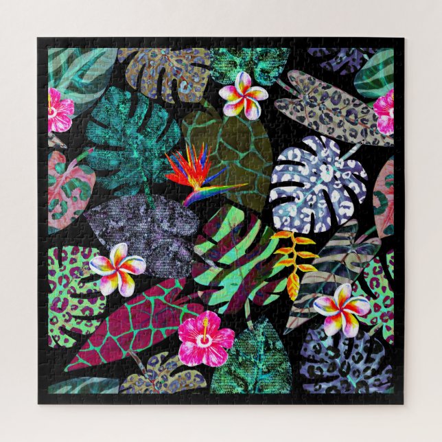Lebendiges tropisches Blätter- und Blumenmuster (Vertikal)