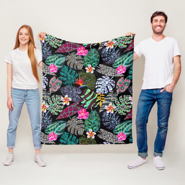 Lebendiges tropisches Blätter- und Blumenmuster Fleecedecke (Beispiel)