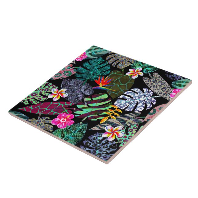 Lebendiges tropisches Blätter- und Blumenmuster Fliese (Seite)
