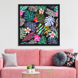 Lebendiges tropisches Blätter- und Blumenmuster Leinwanddruck