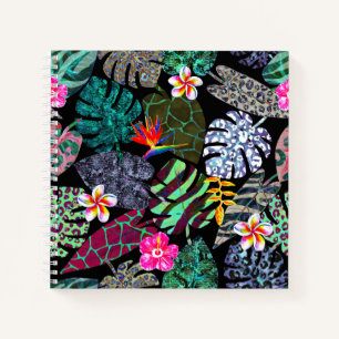 Lebendiges tropisches Blätter- und Blumenmuster Notizbuch