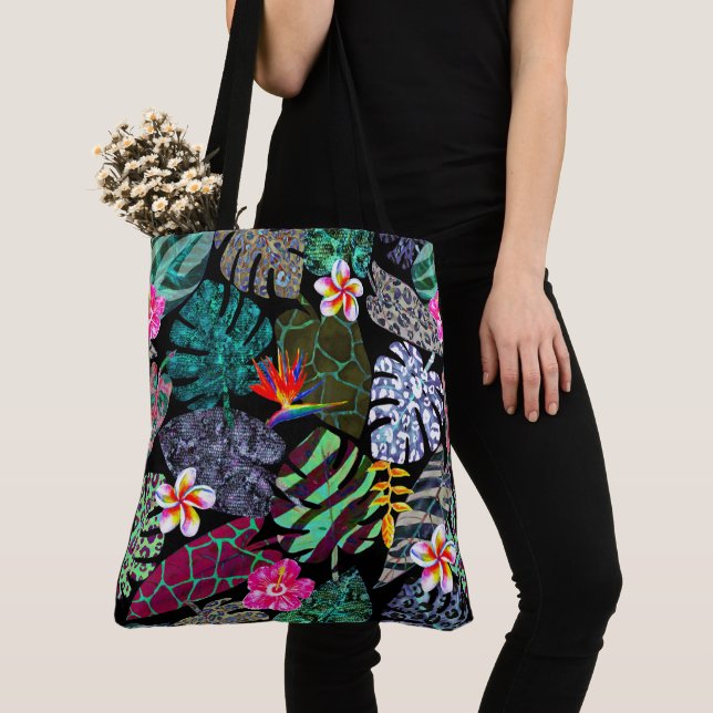 Lebendiges tropisches Blätter- und Blumenmuster Tasche (Von Nahem)