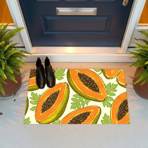 Lebendiges tropisches Papaya-Frucht- und Blattmust Fußmatte