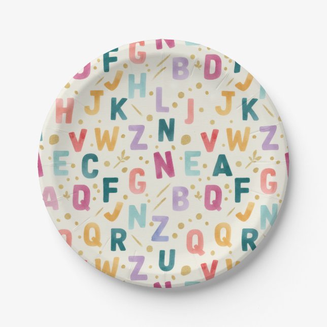 Lebendiges Wasserfarben-Alphabet Pappteller (Vorderseite)