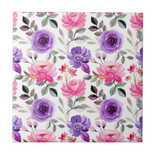 Lebendiges Wasserfarben-Blumenmuster in Rosa und L Fliese