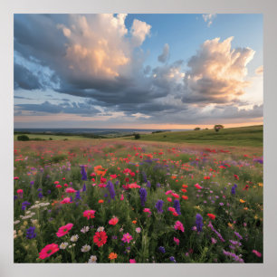 Lebendiges Wildblumenfeld Sonnenuntergang Poster