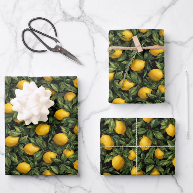 Lebendiges Zitronen-Zitrusbaum-Muster Geschenkpapier Set (Vorderseite)