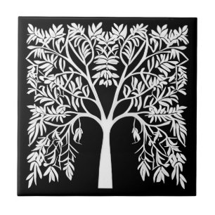 Lebensbaum #1 Weiß auf schwarz Fliese