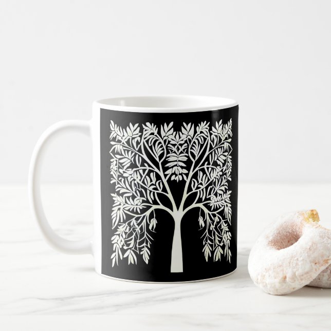 Lebensbaum #1 Weiß auf schwarz Kaffeetasse (Mit Donut)