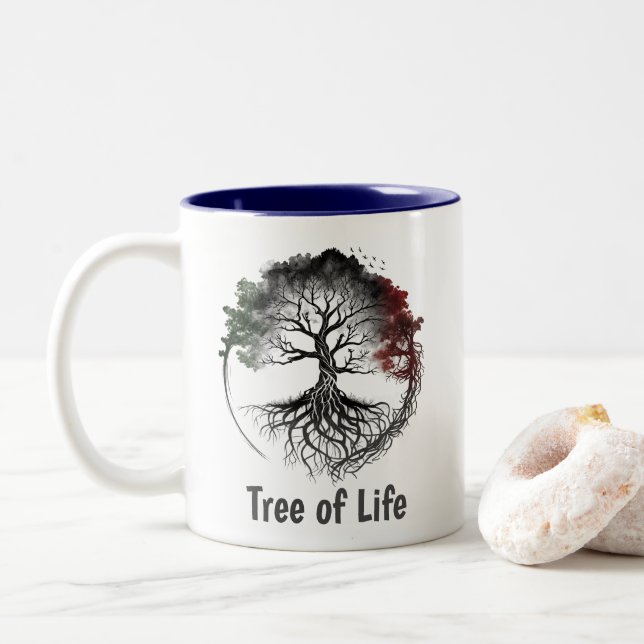 Lebensbaum | Meditation | Keltischer Stil Zweifarbige Tasse (Mit Donut)
