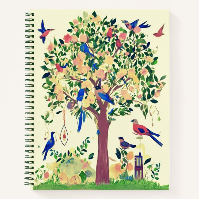 Lebensbaum mit Vögeln und Blume Journal Notizbuch (Vorderseite)