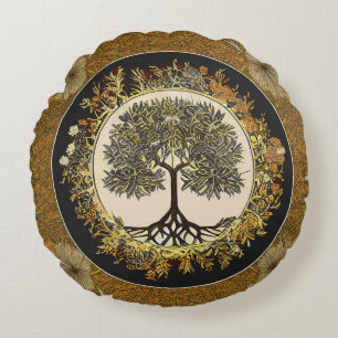 Lebensbaum von kedoki Florale Goldstickerei Thro Rundes Kissen