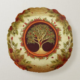 Lebensbaum von Kedoki Green und Orange Stickerei Rundes Kissen