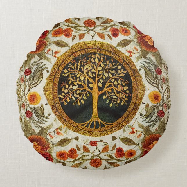 Lebensbaum von Kedoki Orange Green White Throw Pi Rundes Kissen (Vorderseite)