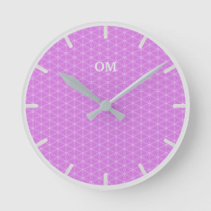 Lebensblume in Silber und Violett Runde Wanduhr