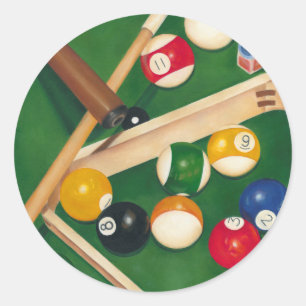 Lebensechte Billard-Tabelle mit Bällen und Kreide Runder Aufkleber