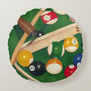 Lebensechte Billard-Tabelle mit Bällen und Kreide Rundes Kissen