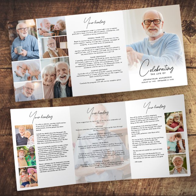 Lebensfeier 14-Foto Schwarz-Weiß-Beerdigung Dreifach-gefaltete Programmkarte (Von Creator hochgeladen)