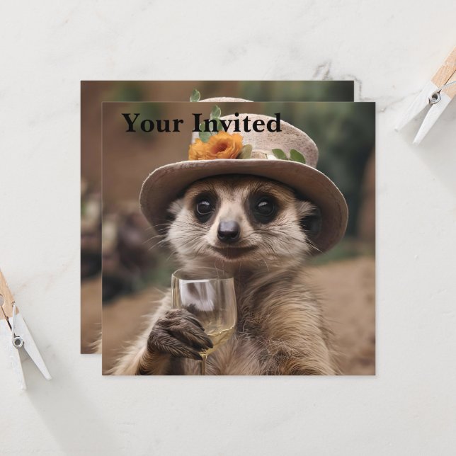 "Lebensfreude: Gran Meerkat genießt Glas Wein Einladung (Vorderseite/Rückseite Beispiel)
