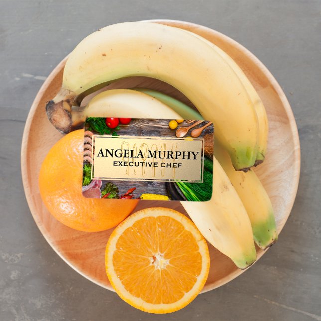 Lebensmittel auf Holztisch | Goldrahmen | Küchenge Visitenkarte (Von Creator hochgeladen)