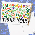 Lebensmittel Obst Veggies farbenfroh Vielen Dank Postkarte<br><div class="desc">Karo diese süße und farbenfrohe Kunst aus,  die von mir für dich handgemacht wurde! Vielen Dank an Ihre Mitarbeiter im Lebensmittelgeschäft,  die Person,  die Ihr Essen liefert oder jemand,  der für Sie kocht! Sie können Ihren eigenen Text hinzufügen oder die Farben ändern. Besuchen Sie meinen Shop für mehr!</div>