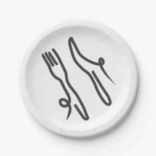 Lebensmittelmesser und Gabel modern grau-weiß Pappteller