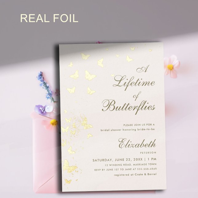 Lebenszeit der Schmetterlinge Gold Garden Brautpar Folieneinladung (a lifetime of butterflies bridal shower invitation gold foil butterfly garden whimsical elegant mode)