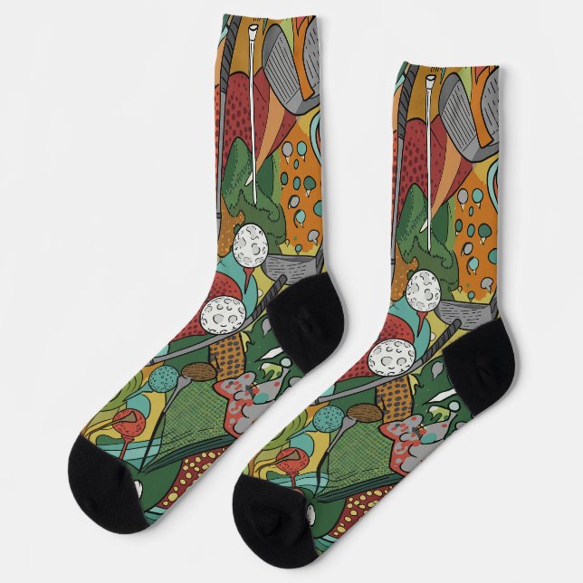 Lebhafte Abstrakte Golfkunst: Clubs, Balls und Fla Socken (Linkes Detail)
