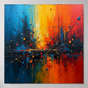 Lebhafte abstrakte Kunst mit Blau, Orange und Gelb Poster