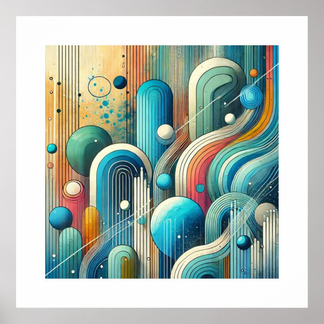 Lebhafte Abstrakte Kunst mit blauen und Aquamarine Poster (Vorne)