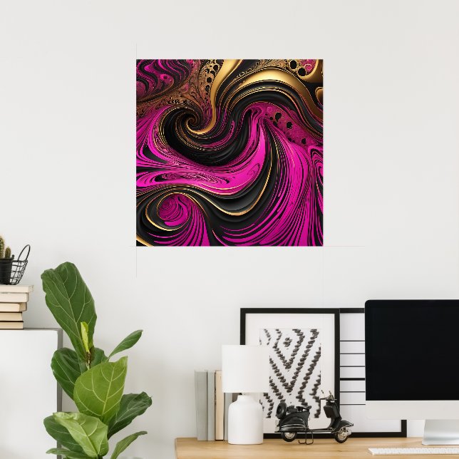 Lebhafte Abstrakte Rosa Schwarz-Gold-Swirl-Leinwan Poster (Heimbüro)
