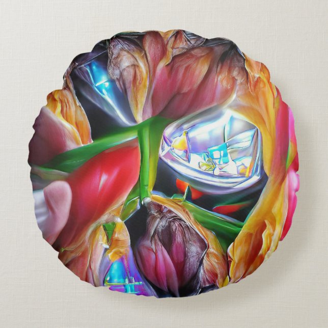 Lebhafte Abstrakte Tulip Reflections Rundes Kissen (Vorderseite)