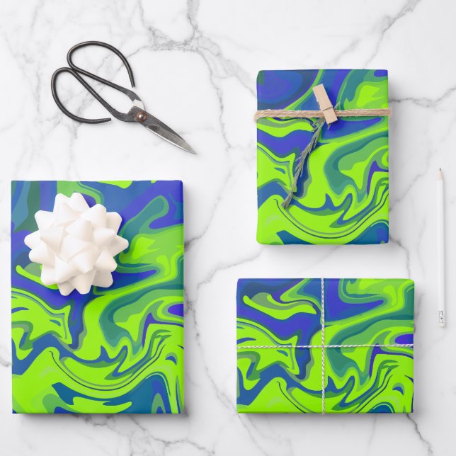 Lebhafte Abstrakte Wirbel in Grün und Blau Geschenkpapier Set (Vorderseite)