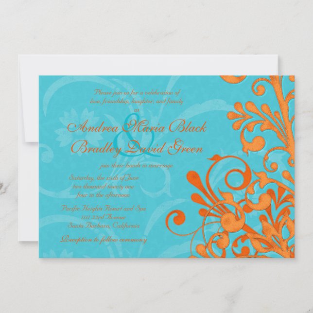 Lebhafte Aqua und orange blumenreiche Hochzeitsfei Einladung (Vorderseite)