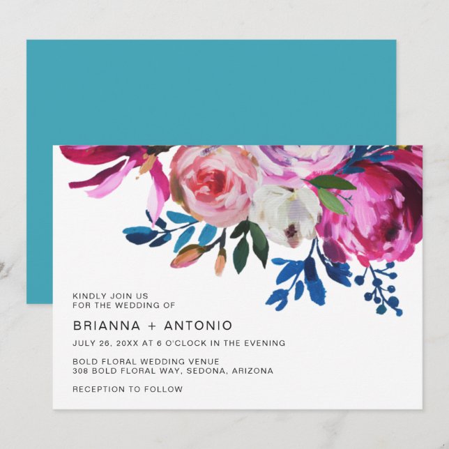 Lebhafte, Aquamarine rosa, florale Moderne Hochzei Einladung (Vorne/Hinten)