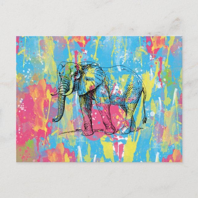 Lebhafte Aquarellfarben Spritzer Elefantenskizze Postkarte (Vorderseite)