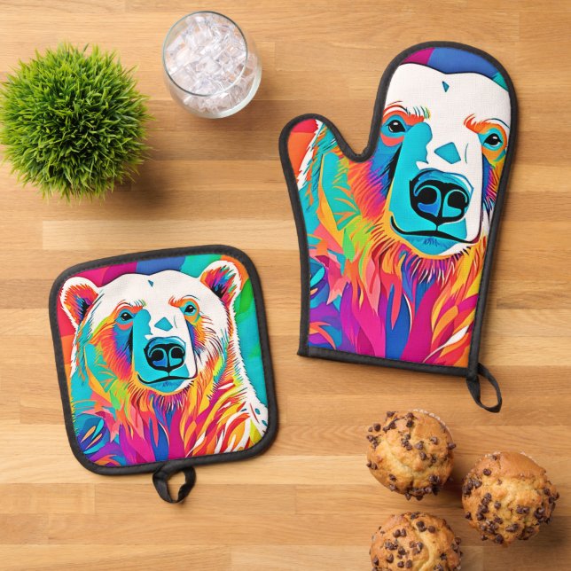 Lebhafte Bärenköpfe Ofenhandschuh & Topflappen-Set (Oben Unten)