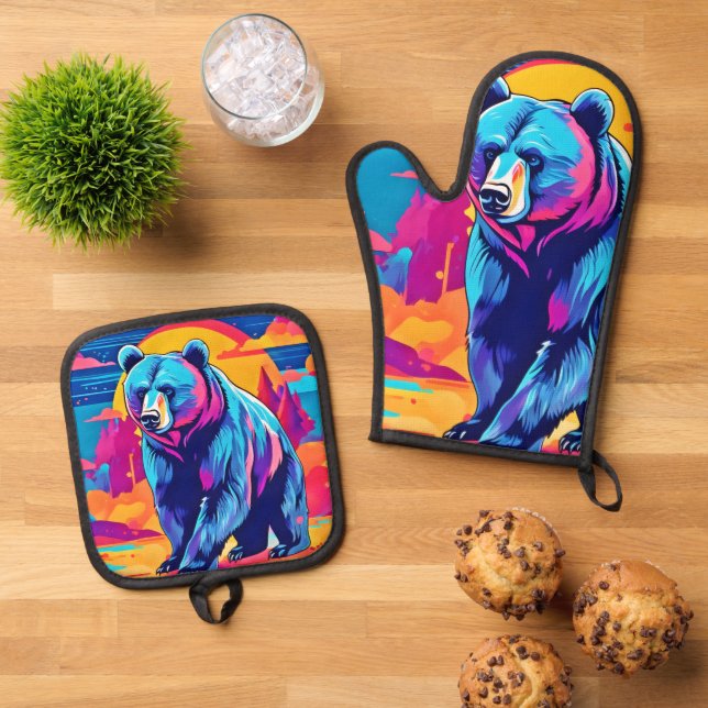 Lebhafte Bärenkunst Ofenhandschuh & Topflappen-Set (Oben Unten)