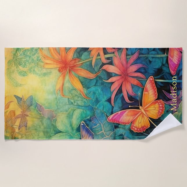 Lebhafte Batik Wasserfarbenflora mit Schmetterling Strandtuch (Vorderseite)
