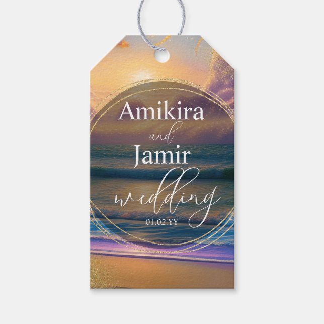 Lebhafte Beach Background Imitate Glitzer Hochzeit Geschenkanhänger (Vorderseite)